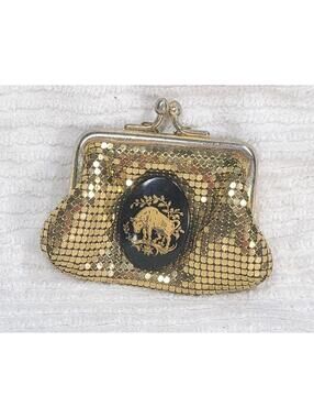 Vintage 50s Whiting & Davis Bull Coin Purse Ferdinand Gold Tone Mesh Logo Lining